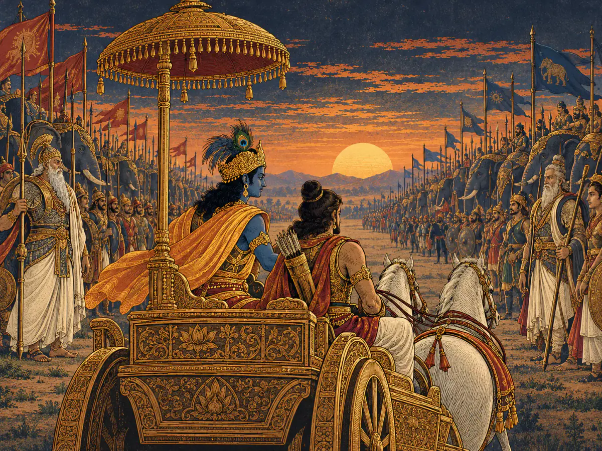 Kṛṣṇa positions Arjuna’s chariot between the two armies before Bhīṣma and Droṇa