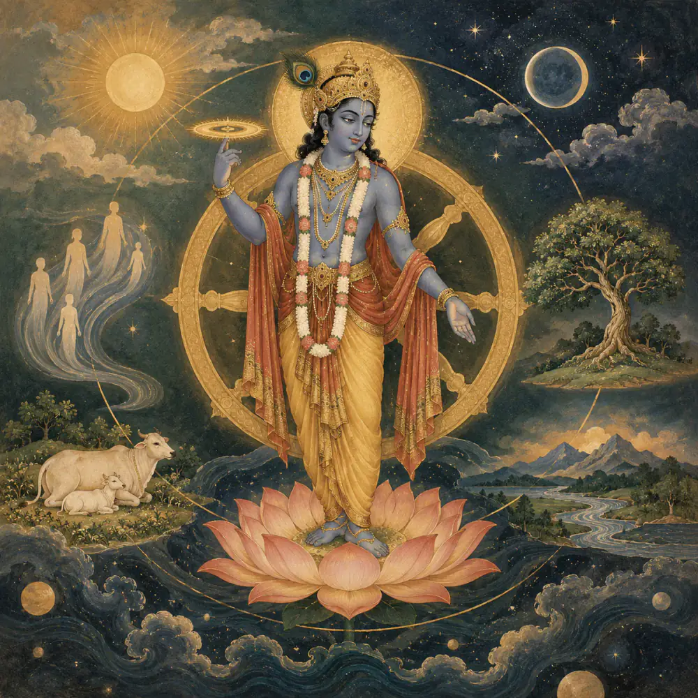 Kṛṣṇa at the centre of an ordered cosmos, symbolising Īśvara