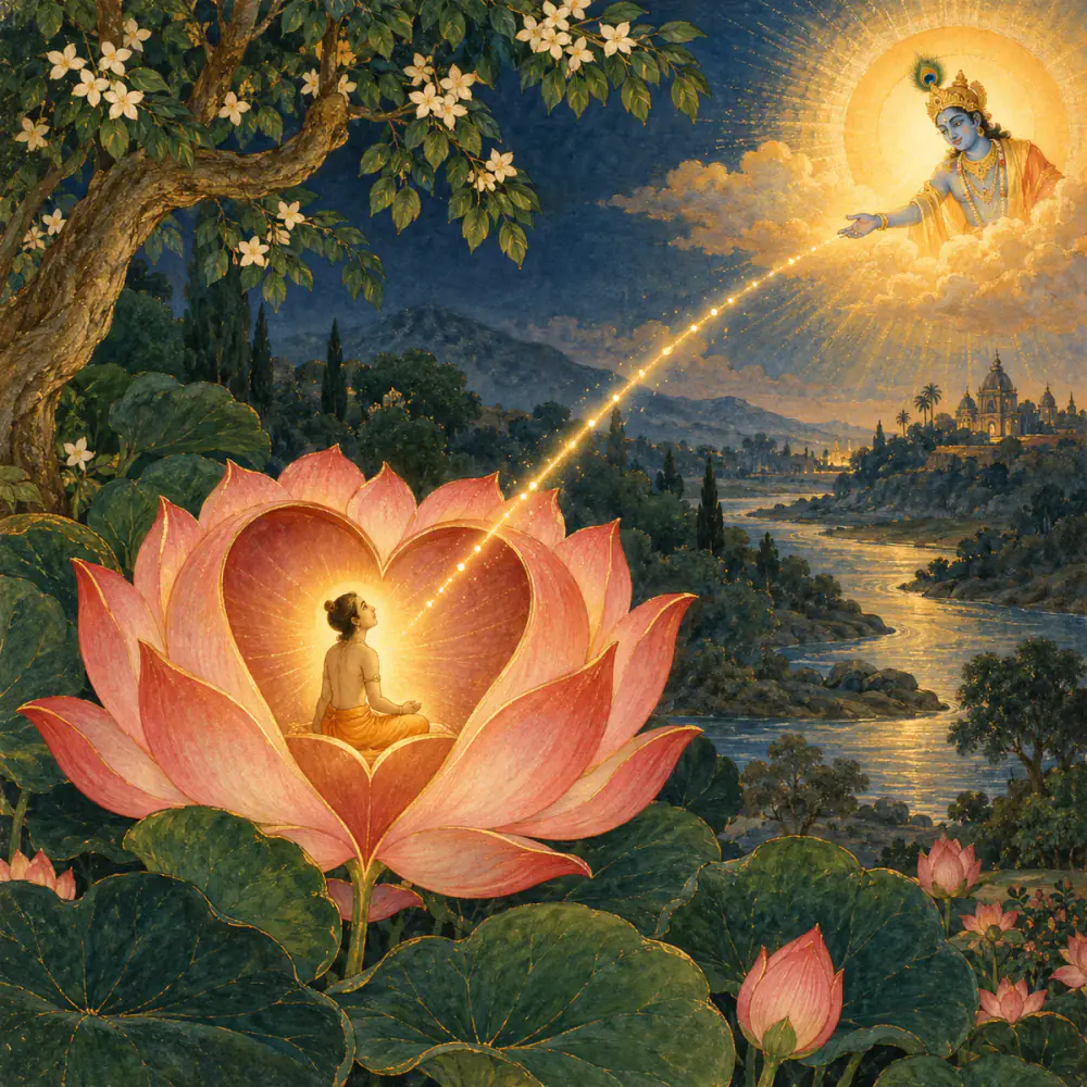 A conscious individual within a heart-shaped lotus related to divine light, symbolising the jīva