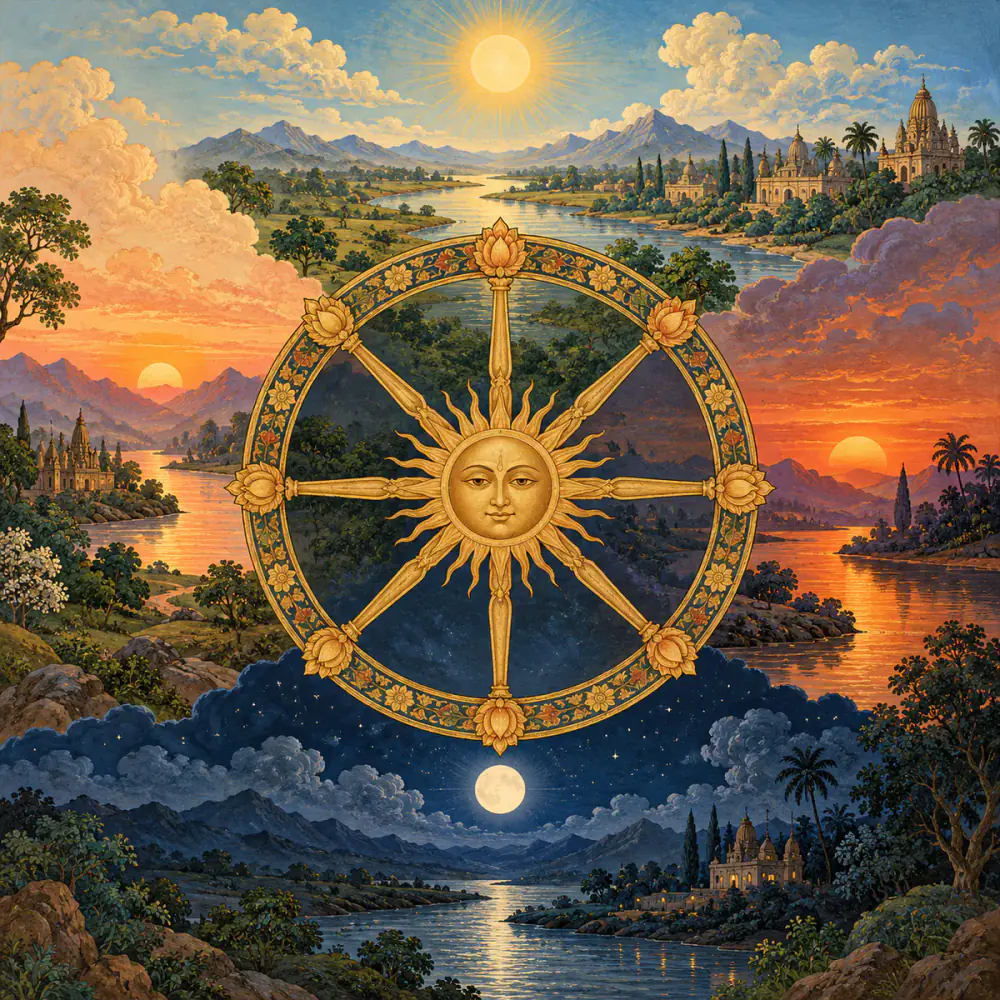 A wheel joining dawn, day, dusk, and night, symbolising kāla