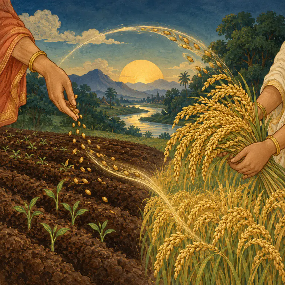 Hands sowing seed and gathering grain, symbolising action and reaction
