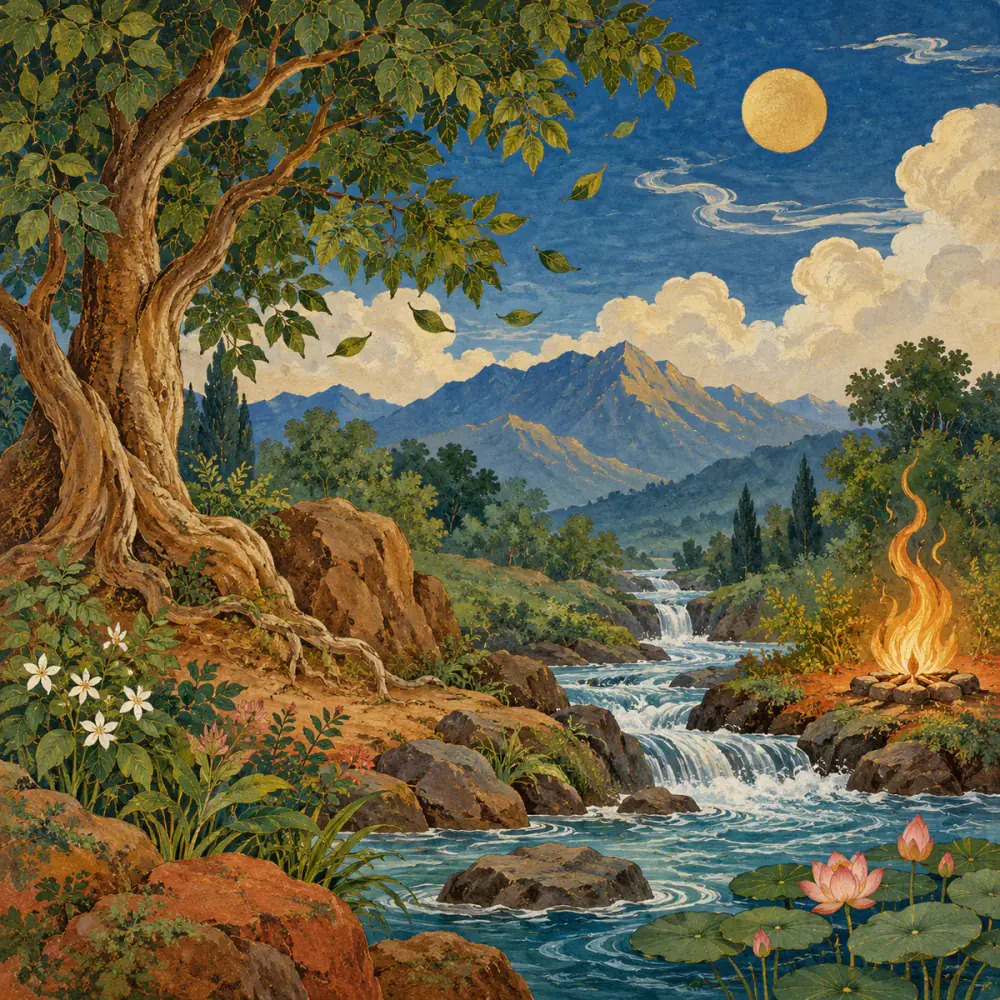 Earth, water, fire, air, sky, and living nature, symbolising prakṛti