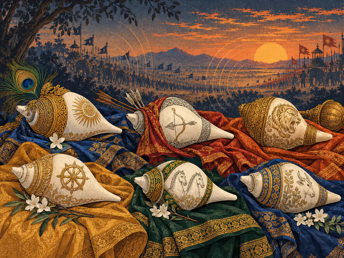 Six ornamented conchshells displayed on Indian textiles with armies in the distance