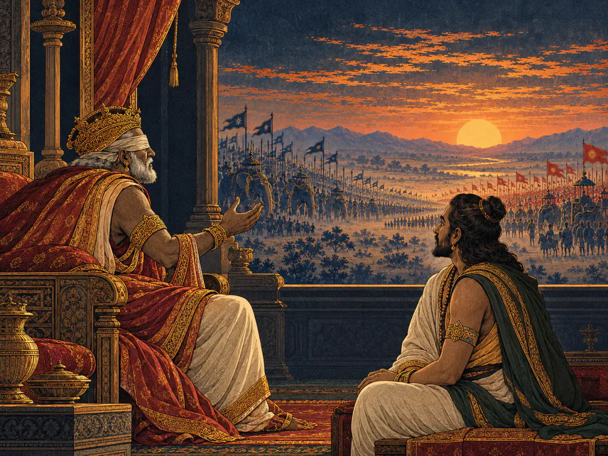 Blind King Dhṛtarāṣṭra asks Sañjaya about the distant battlefield