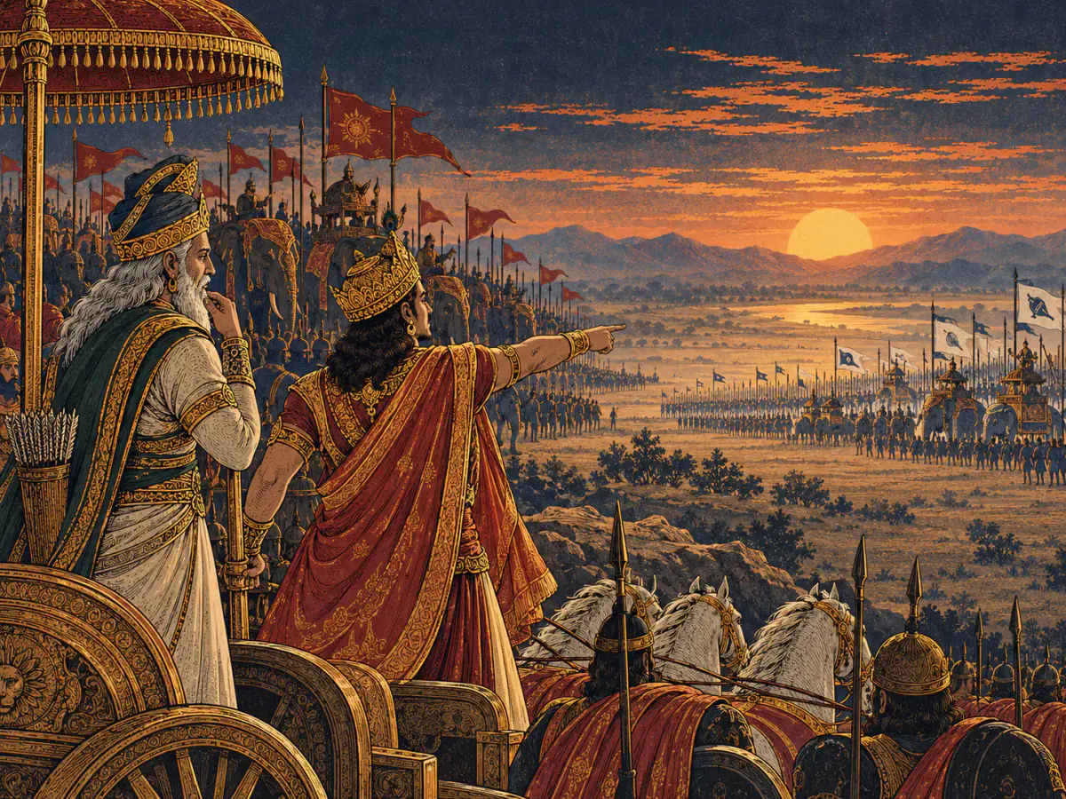 Duryodhana points out the arranged Pāṇḍava army while speaking to Droṇa
