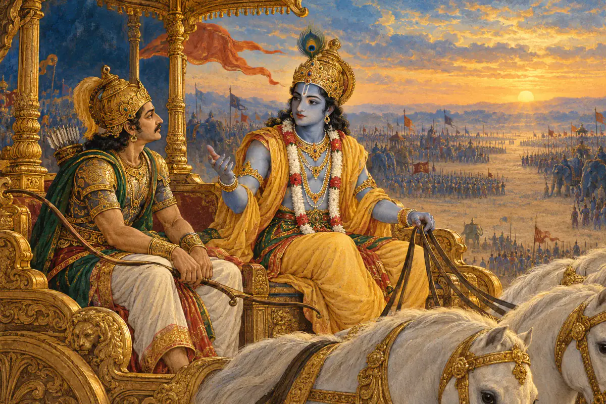 Kṛṣṇa and Arjuna in serious dialogue on the chariot before the battle