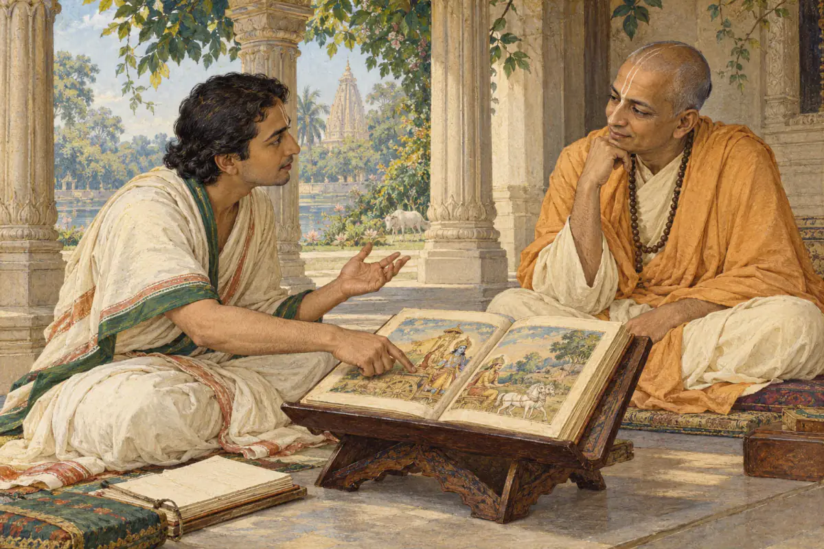 An adult student respectfully asks a careful question while studying a sacred text