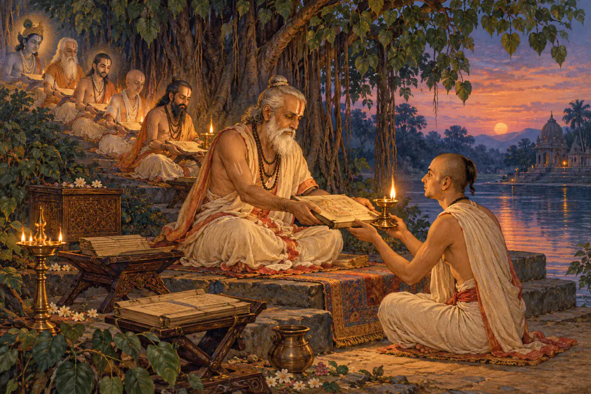 A succession of Vaiṣṇava teachers passing sacred learning and a lamp to the next student
