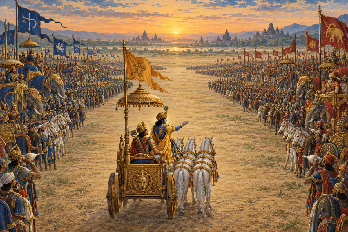 Two armies assembled at Kurukṣetra before the first weapon is released