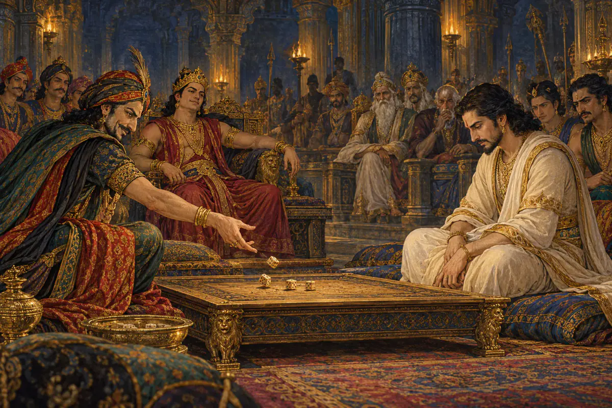 Śakuni casts dice while Yudhiṣṭhira watches gravely in the Kuru assembly