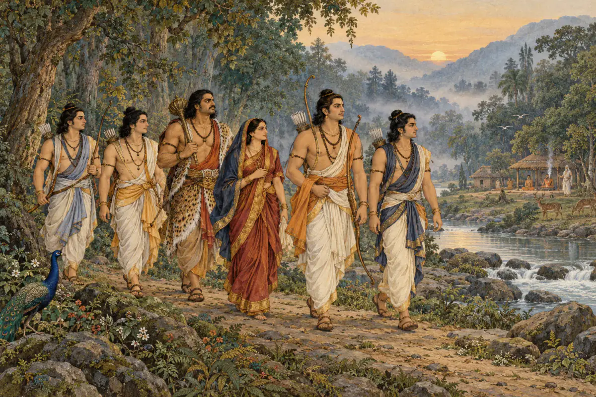 The five Pāṇḍava brothers and Draupadī walk together through the forest during exile