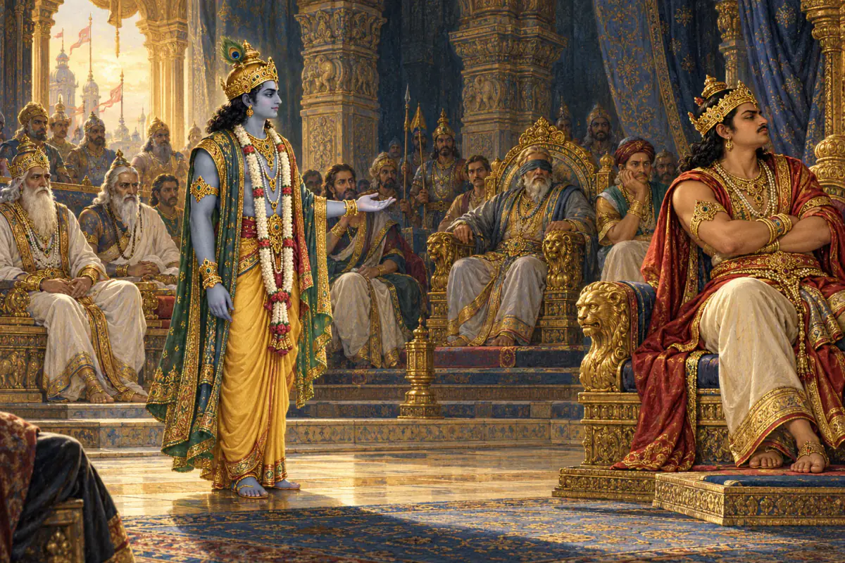 Kṛṣṇa offers peace in the Kuru assembly while Duryodhana turns away