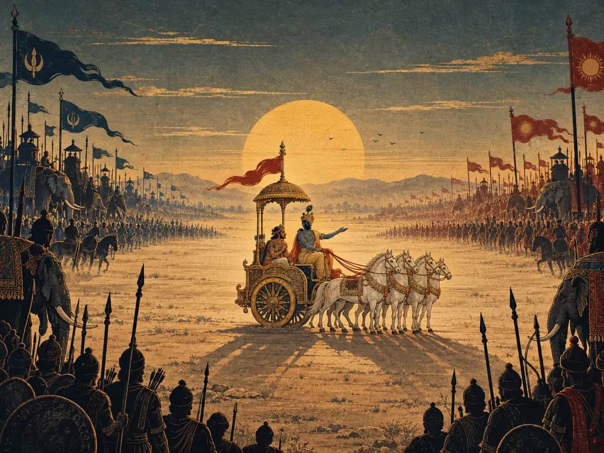 Kṛṣṇa and Arjuna between two assembled armies at Kurukṣetra