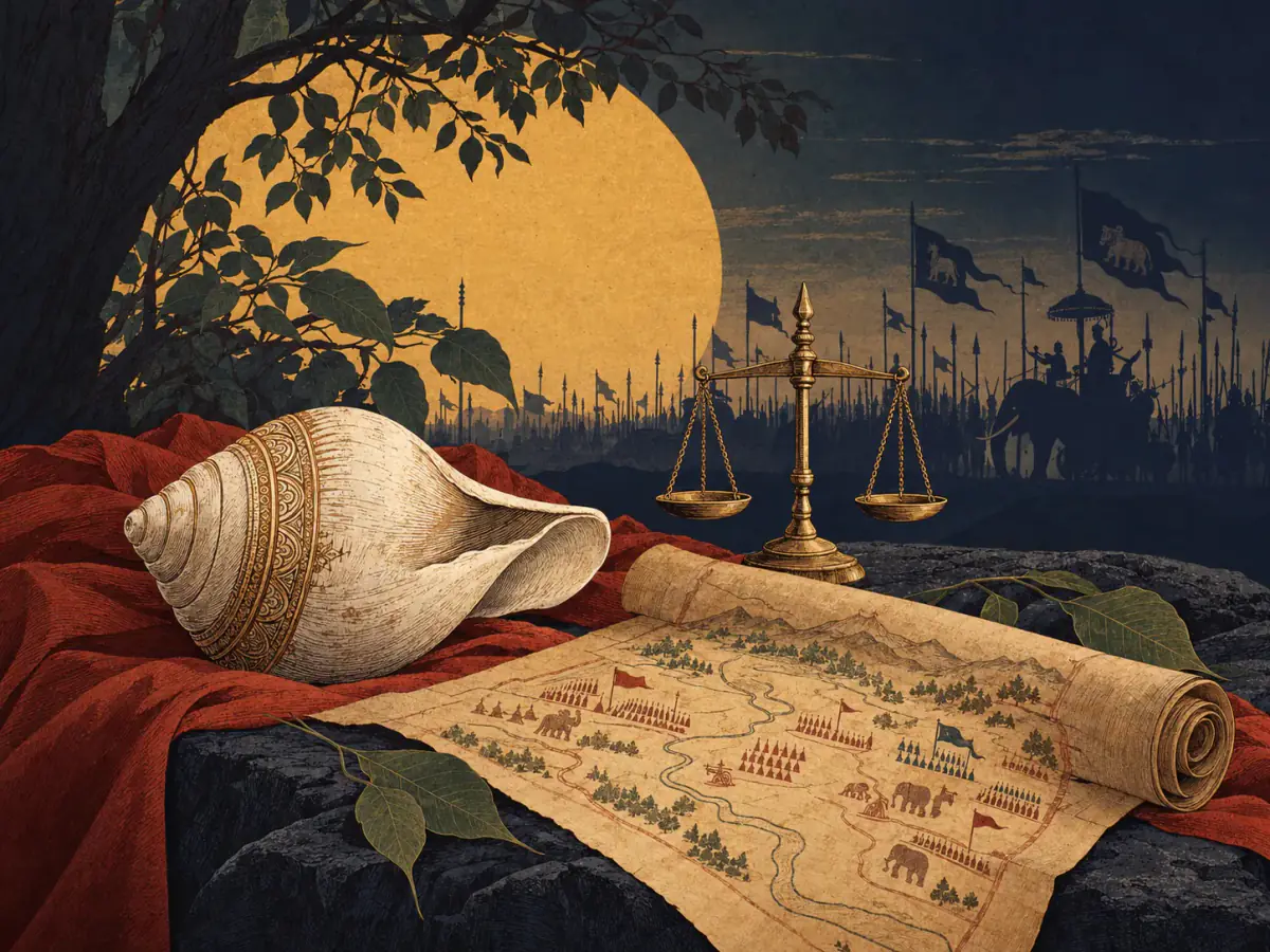 A conchshell and battlefield map rendered as an Indian editorial illustration
