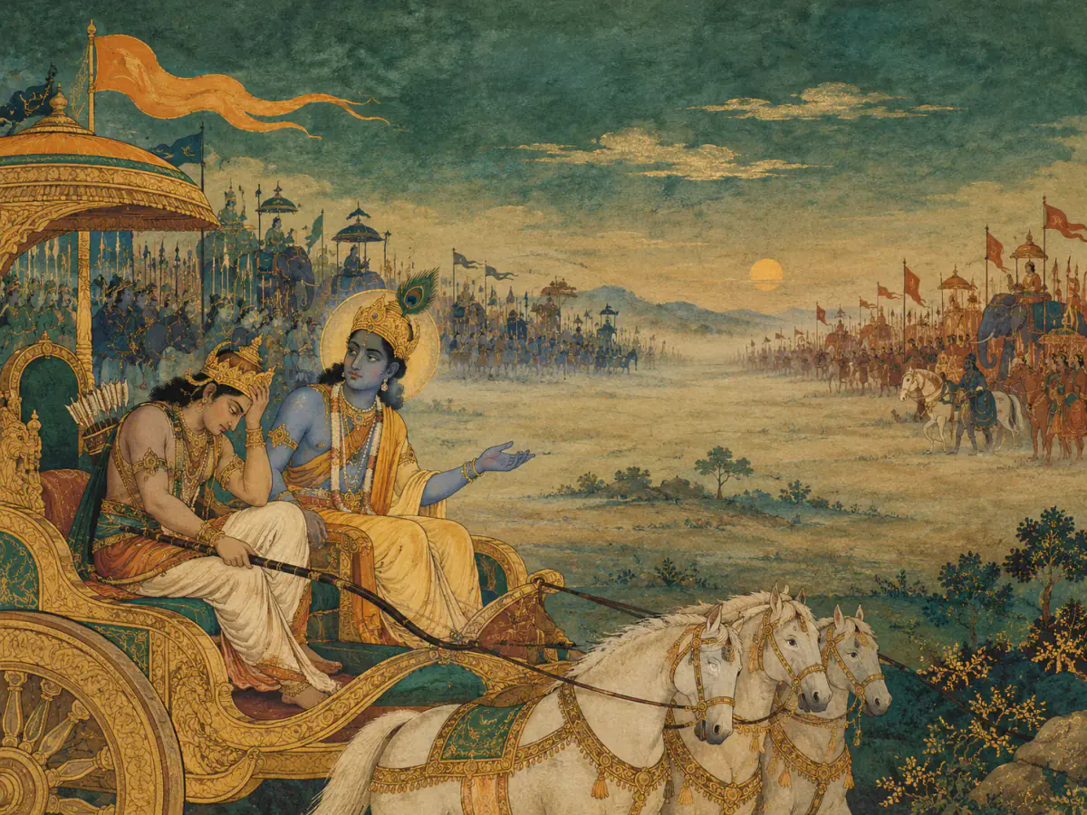 Indian miniature inspired visual summary of Arjuna’s five-part argument