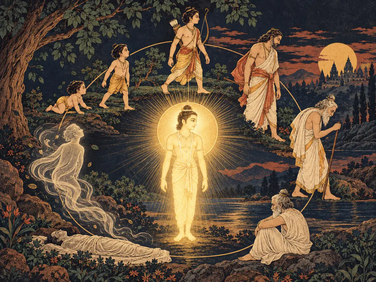Childhood, youth and age surround a steady inner light in an Indian manuscript composition.