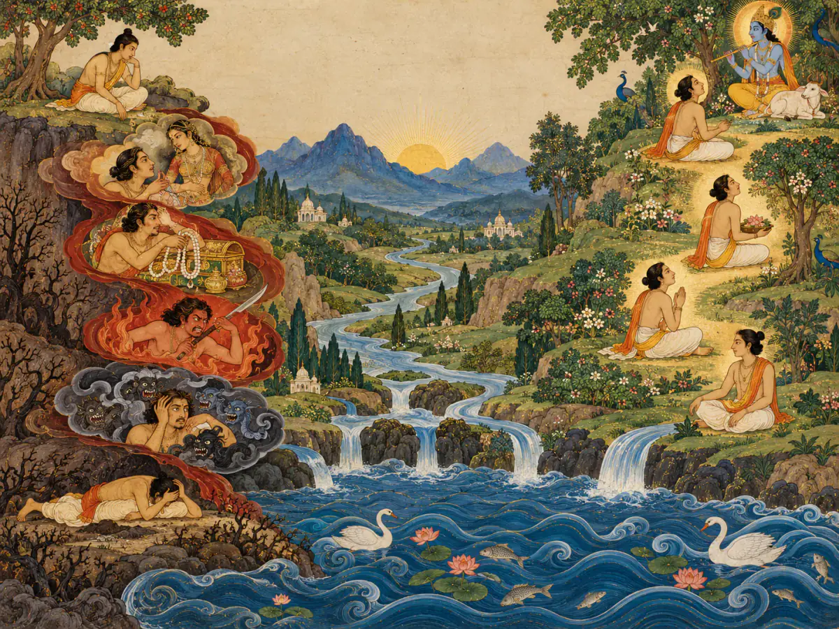 Indian miniature style visual explanation of Fall-down has a sequence