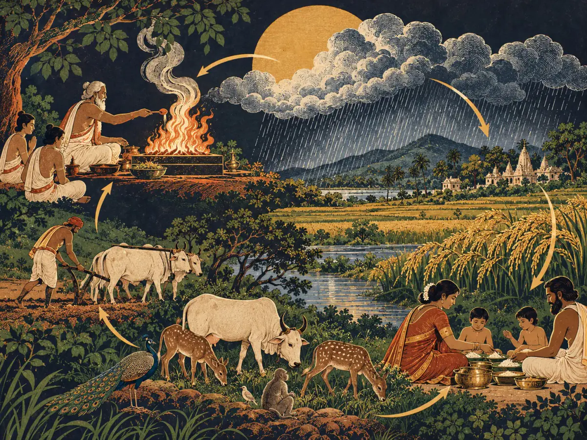 The yajña cycle is rendered as a painted ecology of offering, rain, grain, beings and responsible work.