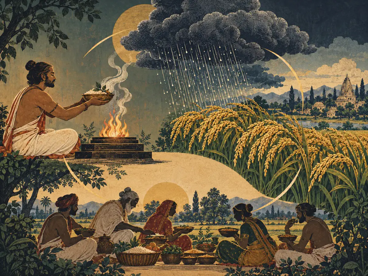 Rain, food, work, and offering are joined as one moral ecology.