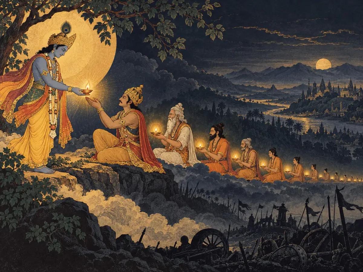 A succession of lamps descends from Kṛṣṇa while the avatāra appears without leaving transcendence.