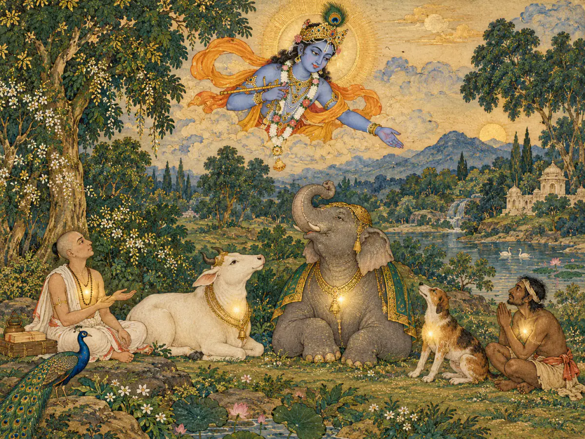 Indian miniature style visual explanation of Knowledge yields equal vision and inner happiness