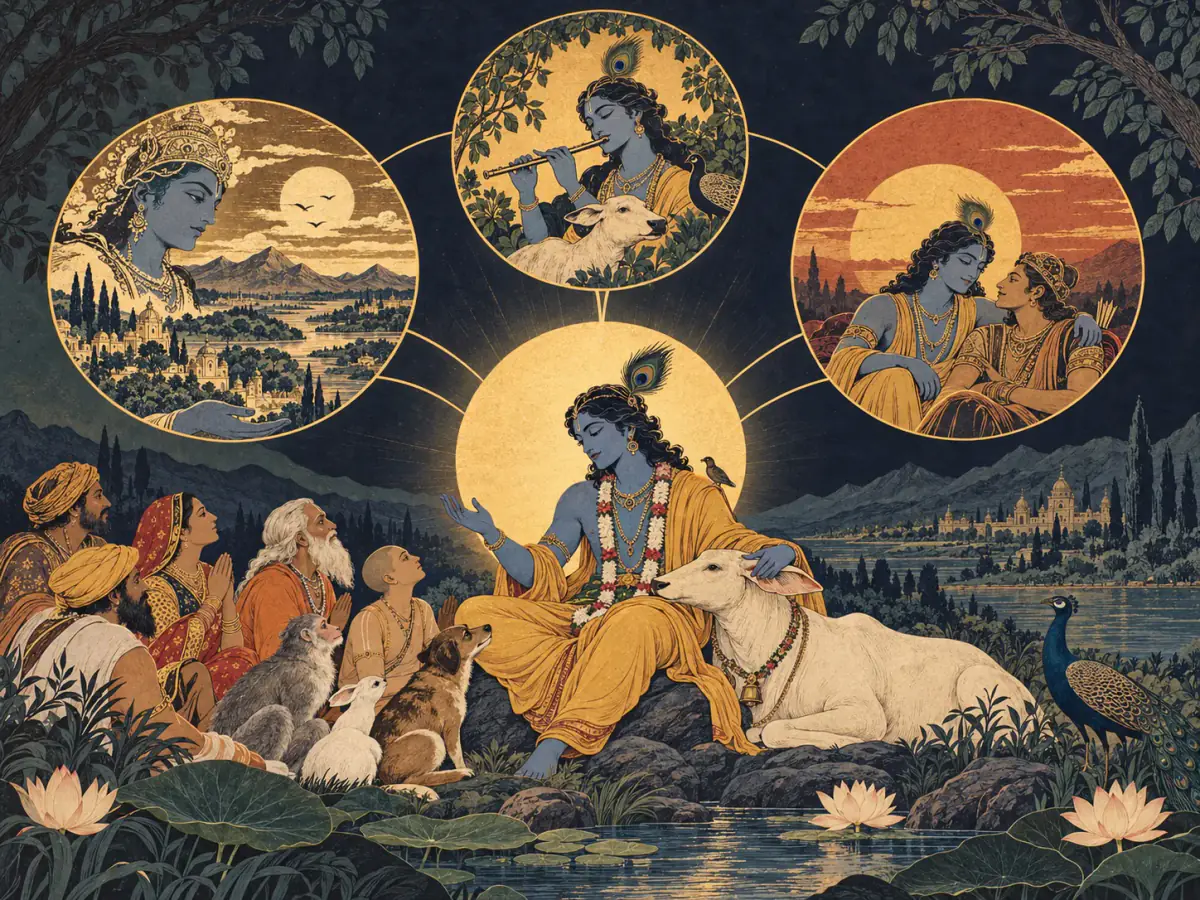 A lotus leaf, the nine-gated city, equal vision and the peace triad meet in a single painted teaching plate.