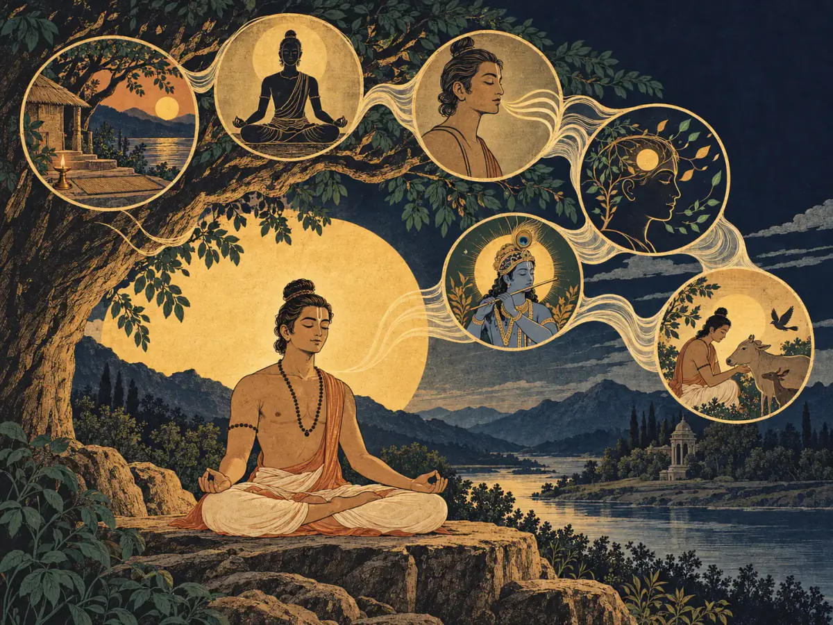 A windless lamp, regulated daily rhythm and the reins of attention form a calm Indian painting of practice.