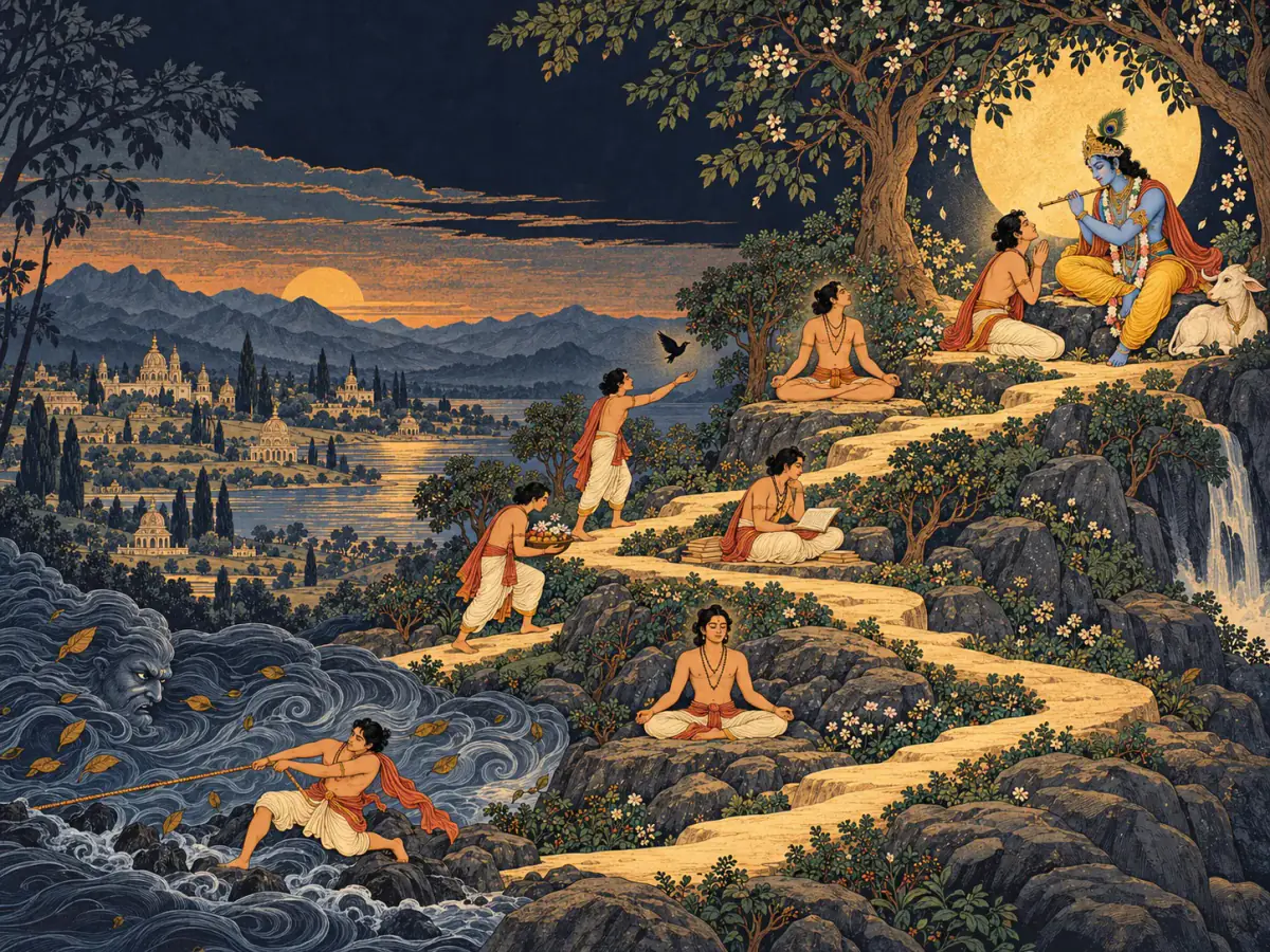 A ladder of work, knowledge and meditation culminates in loving service at Kṛṣṇa's lotus feet.