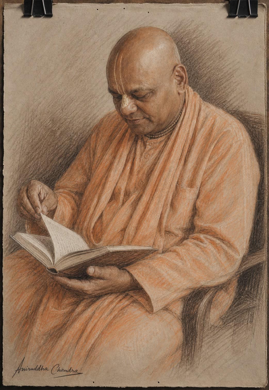 Charcoal and sanguine studio study of Śrīla Rādhā Govinda Dāsa Gosvāmī Mahārāja