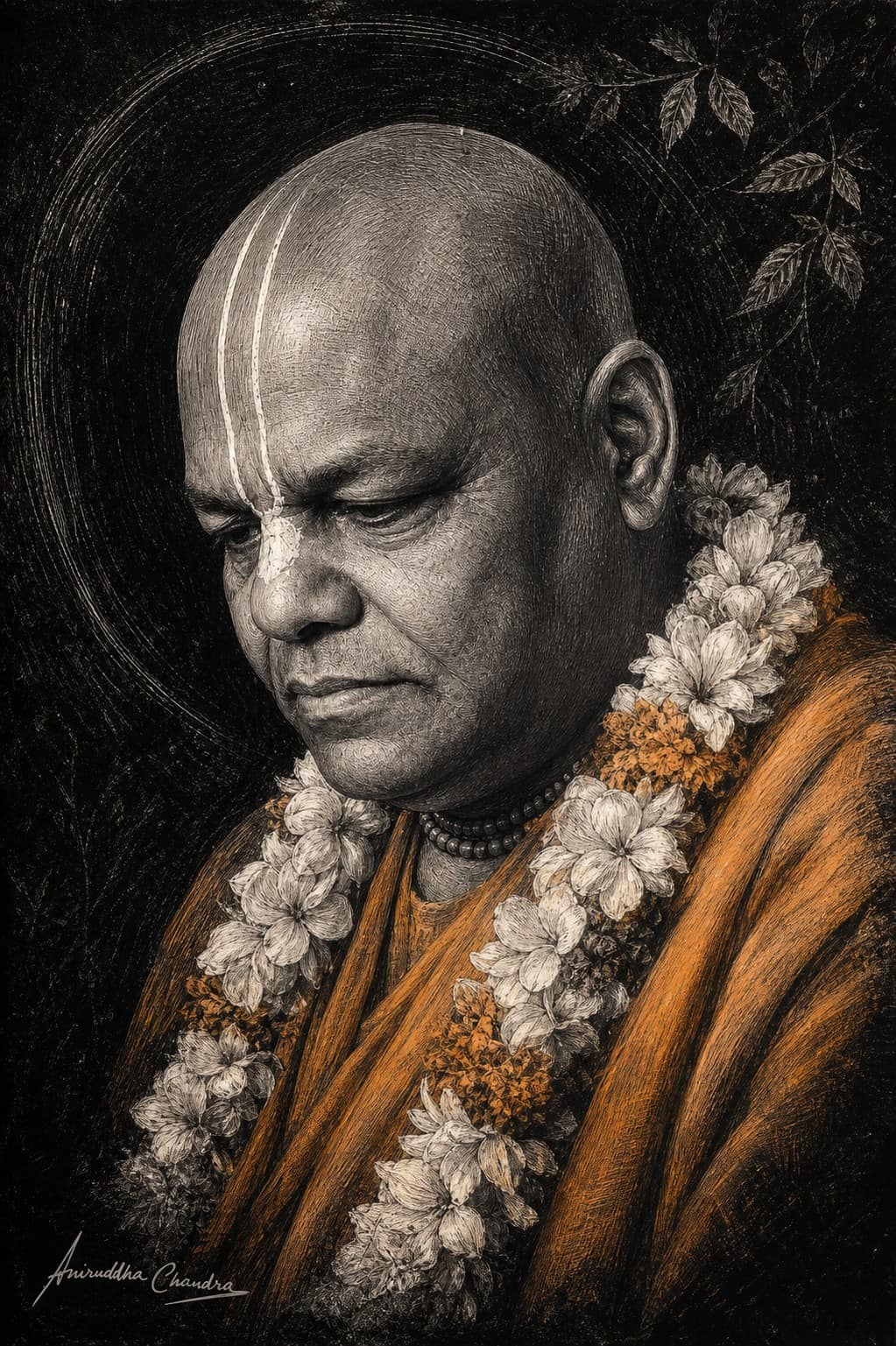 Scratchboard engraving portrait of Śrīla Rādhā Govinda Dāsa Gosvāmī Mahārāja