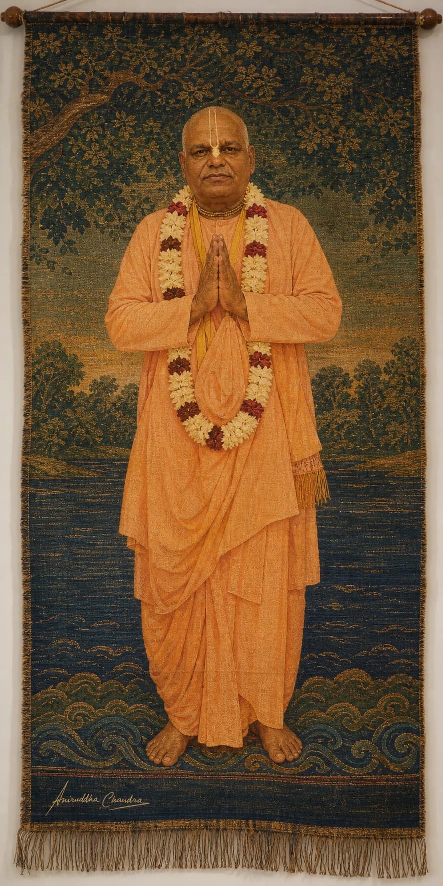 Woven tapestry portrait of Śrīla Rādhā Govinda Dāsa Gosvāmī Mahārāja