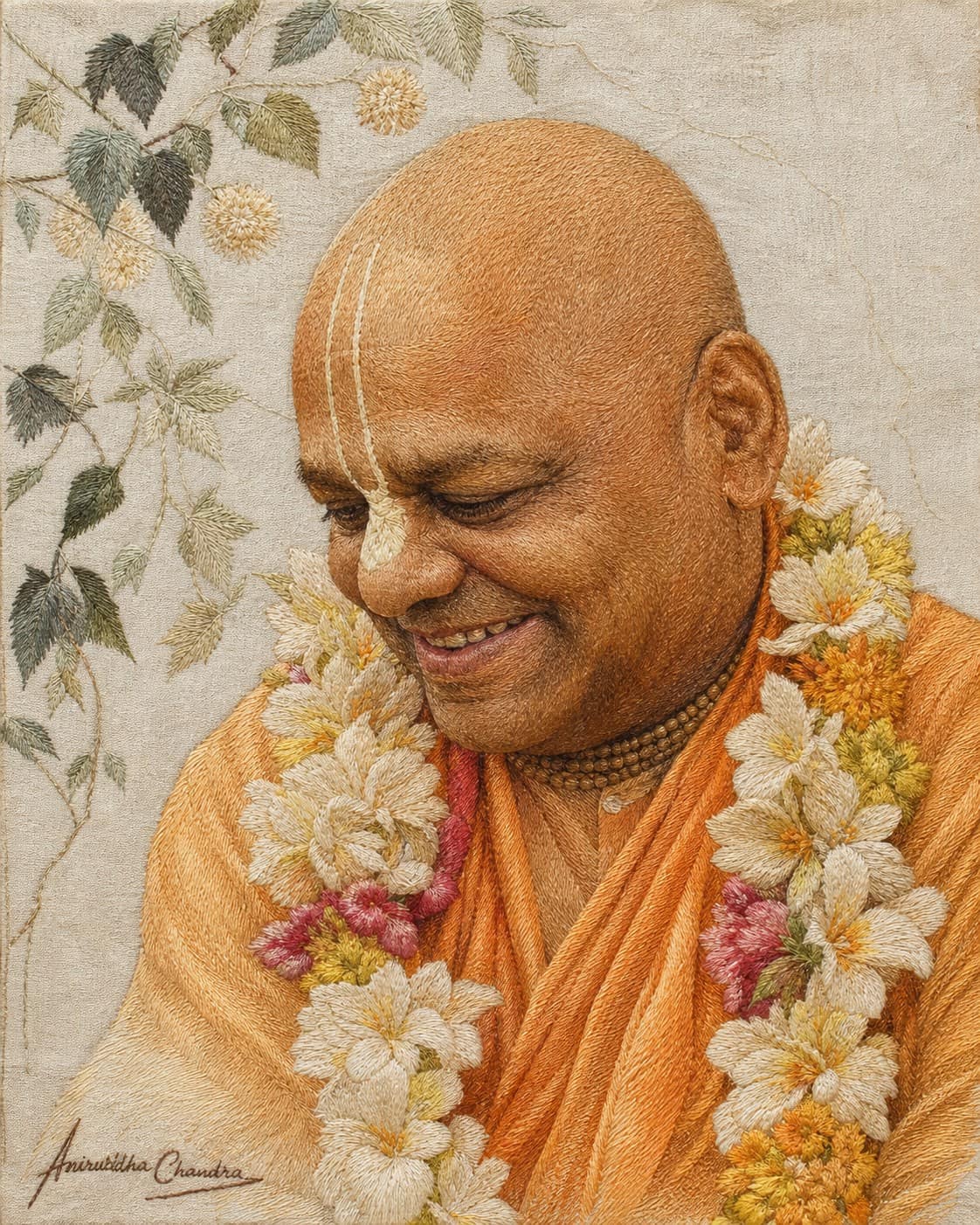 Silk embroidery portrait of Śrīla Rādhā Govinda Dāsa Gosvāmī Mahārāja