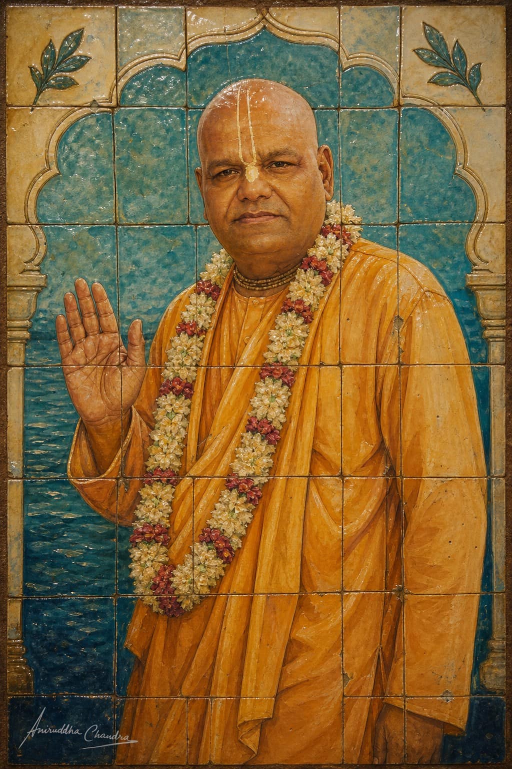 Glazed ceramic tile mural of Śrīla Rādhā Govinda Dāsa Gosvāmī Mahārāja