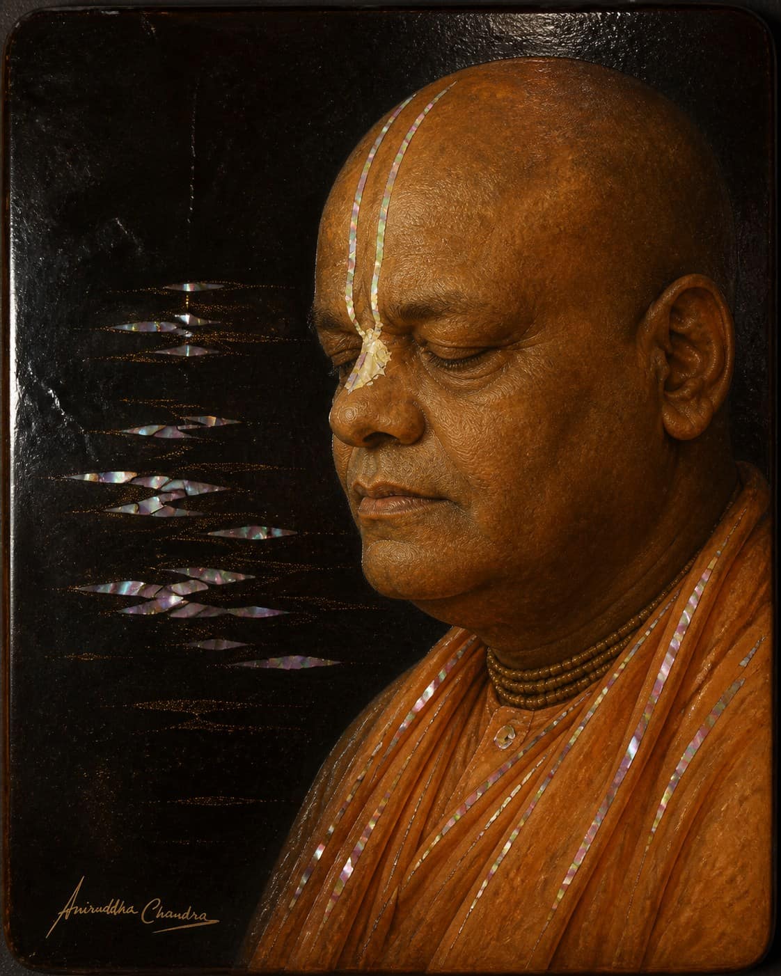 Lacquer and mother-of-pearl style portrait of Śrīla Rādhā Govinda Dāsa Gosvāmī Mahārāja