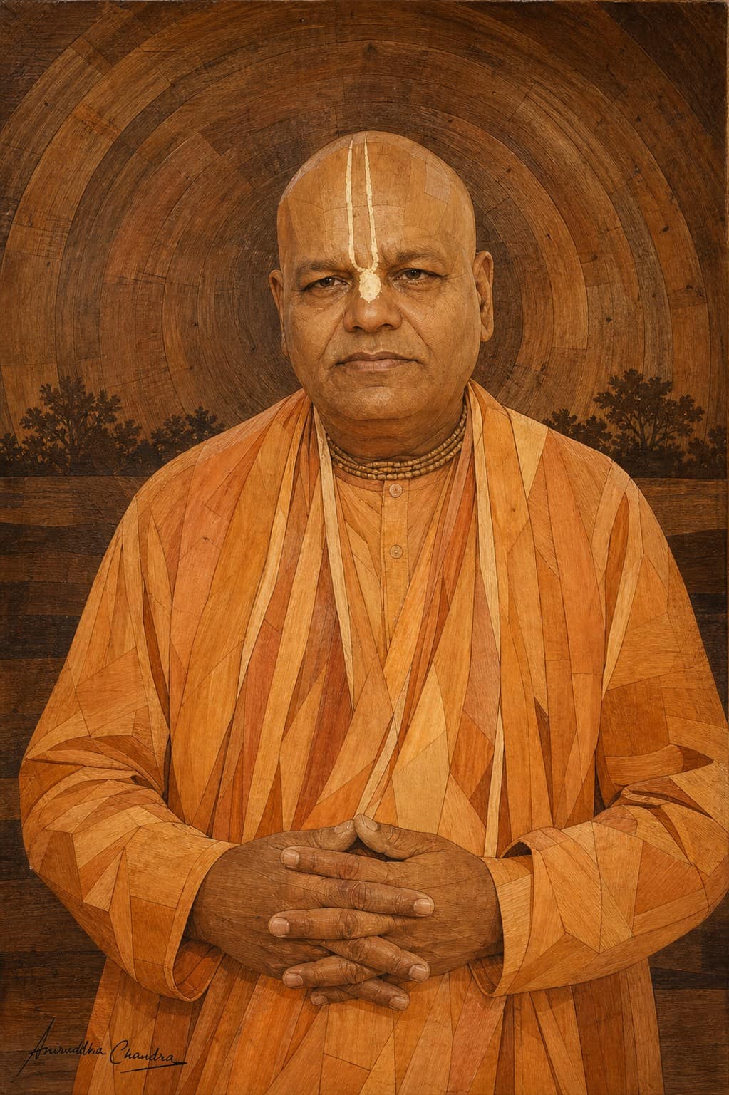 Full-length wood intarsia portrait of Śrīla Rādhā Govinda Dāsa Gosvāmī Mahārāja