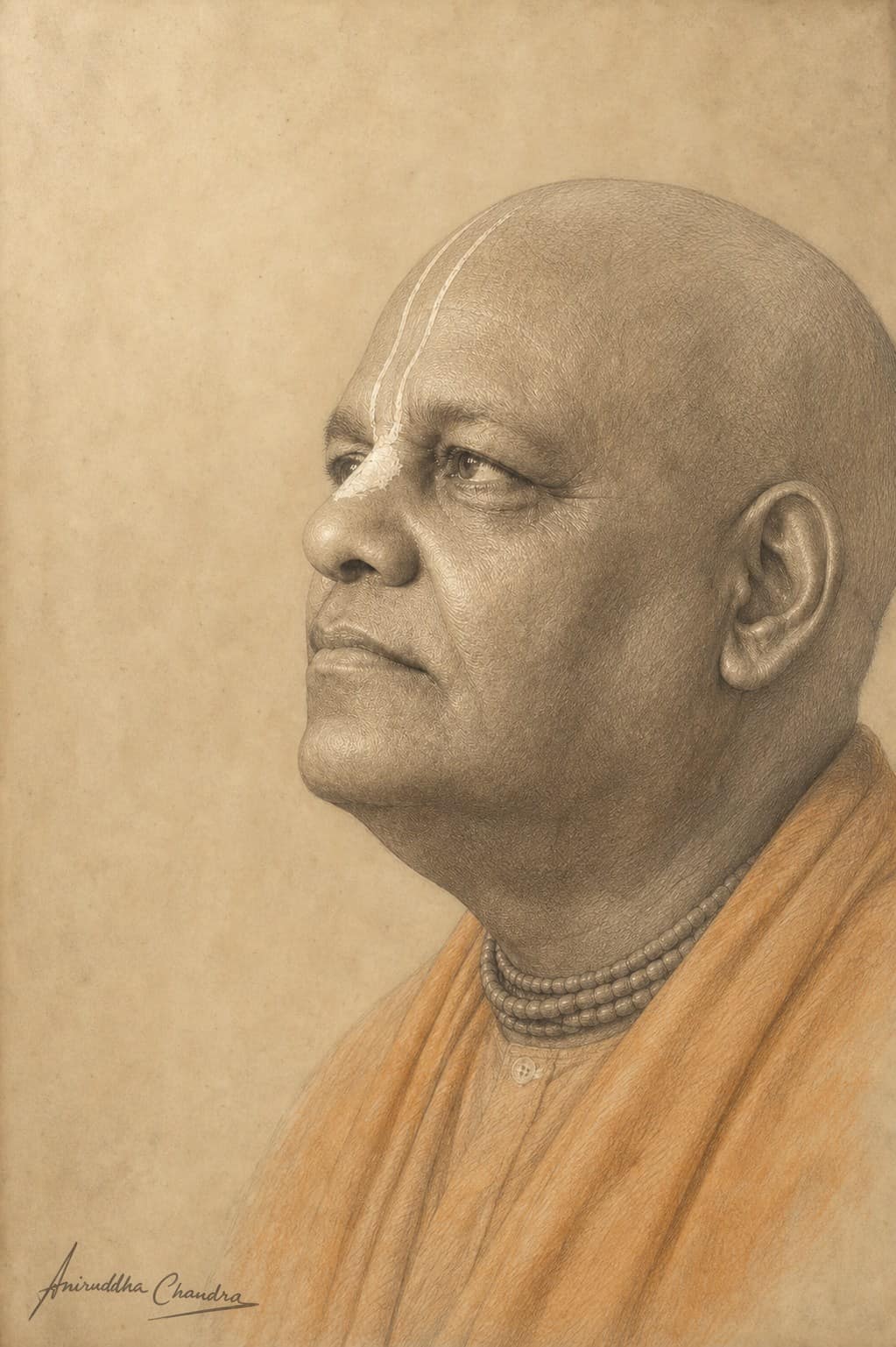 Graphite and sepia profile drawing of Śrīla Rādhā Govinda Dāsa Gosvāmī Mahārāja