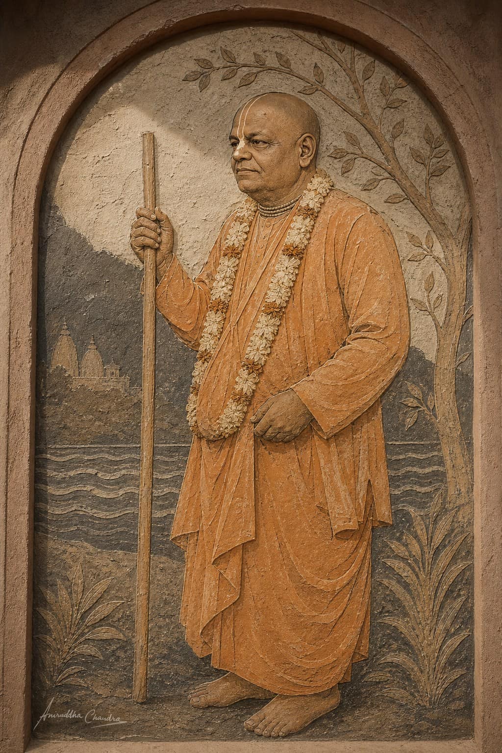 Temple relief fresco portrait of Śrīla Rādhā Govinda Dāsa Gosvāmī Mahārāja