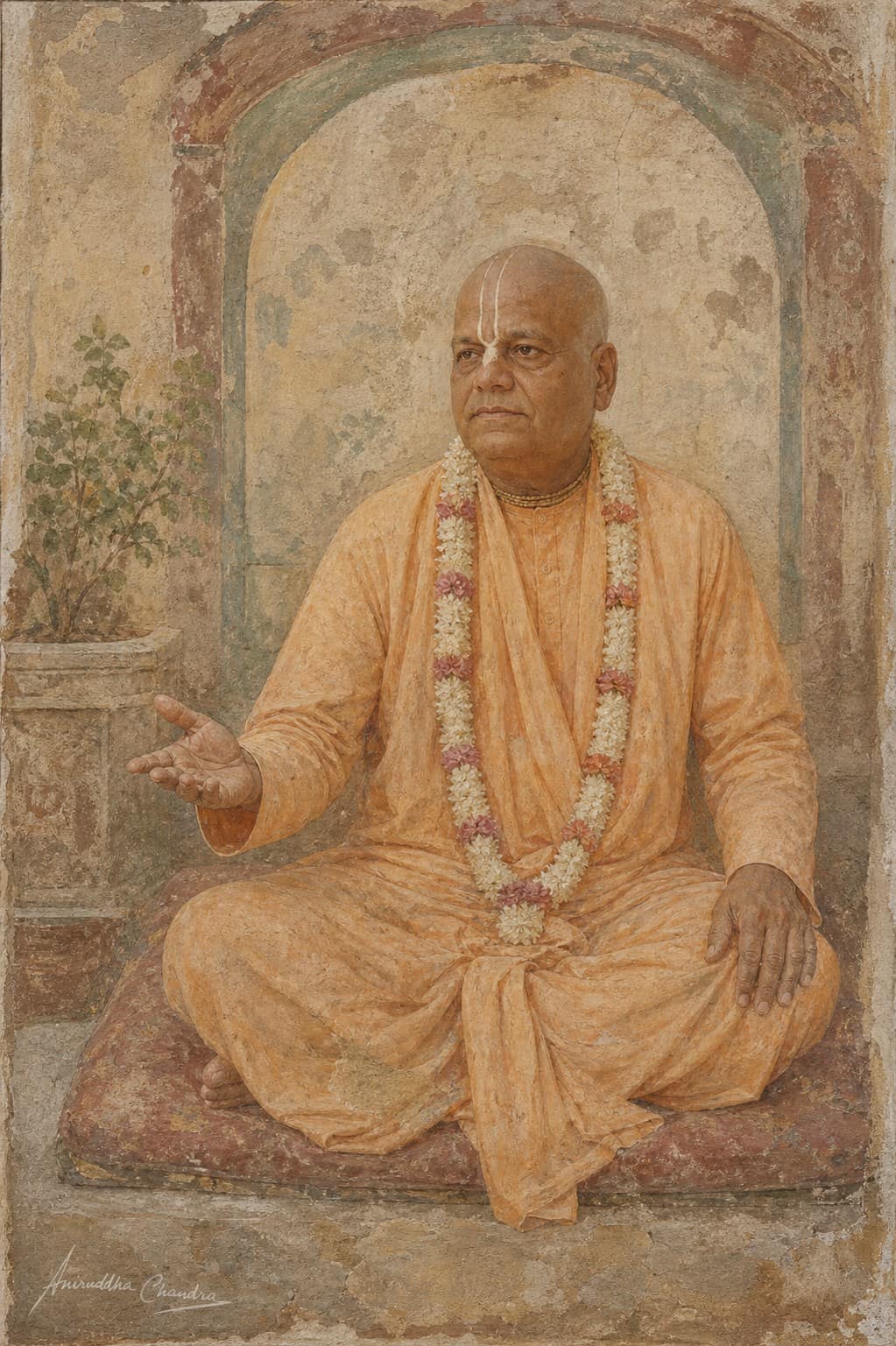 Weathered fresco portrait of Śrīla Rādhā Govinda Dāsa Gosvāmī Mahārāja