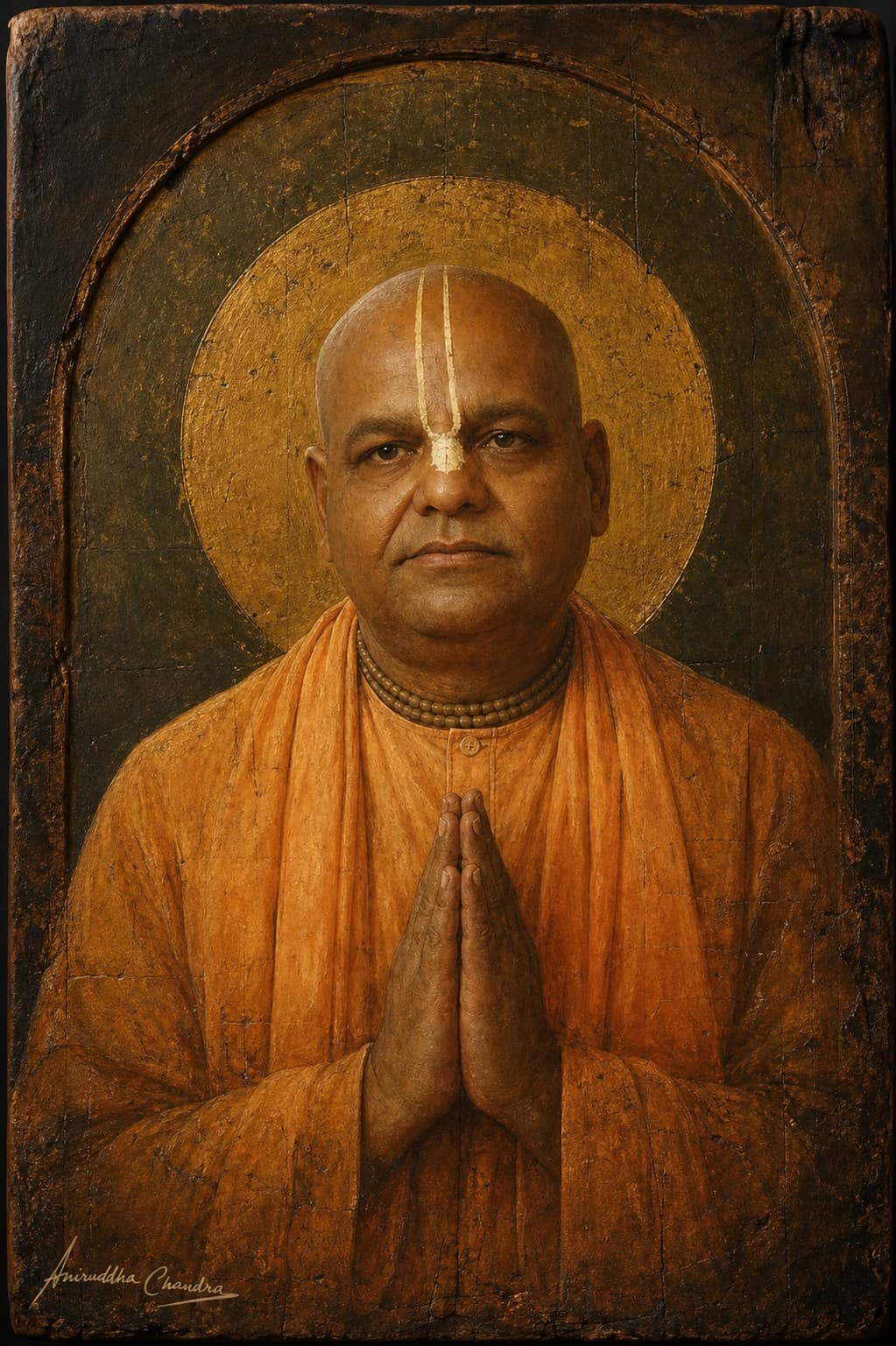 Gold-leaf icon portrait of Śrīla Rādhā Govinda Dāsa Gosvāmī Mahārāja