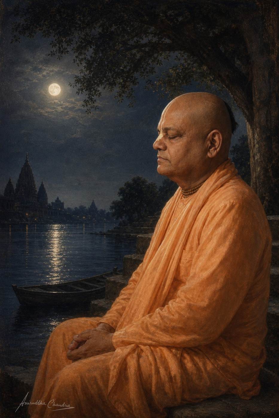 Moonlit devotional oil-style portrait of Śrīla Rādhā Govinda Dāsa Gosvāmī Mahārāja