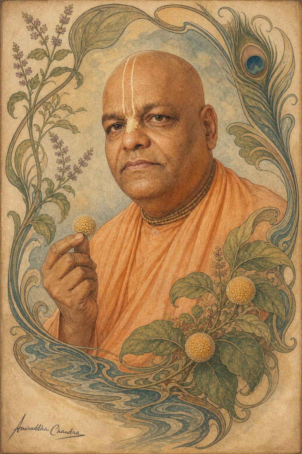 Art Nouveau botanical portrait of Śrīla Rādhā Govinda Dāsa Gosvāmī Mahārāja