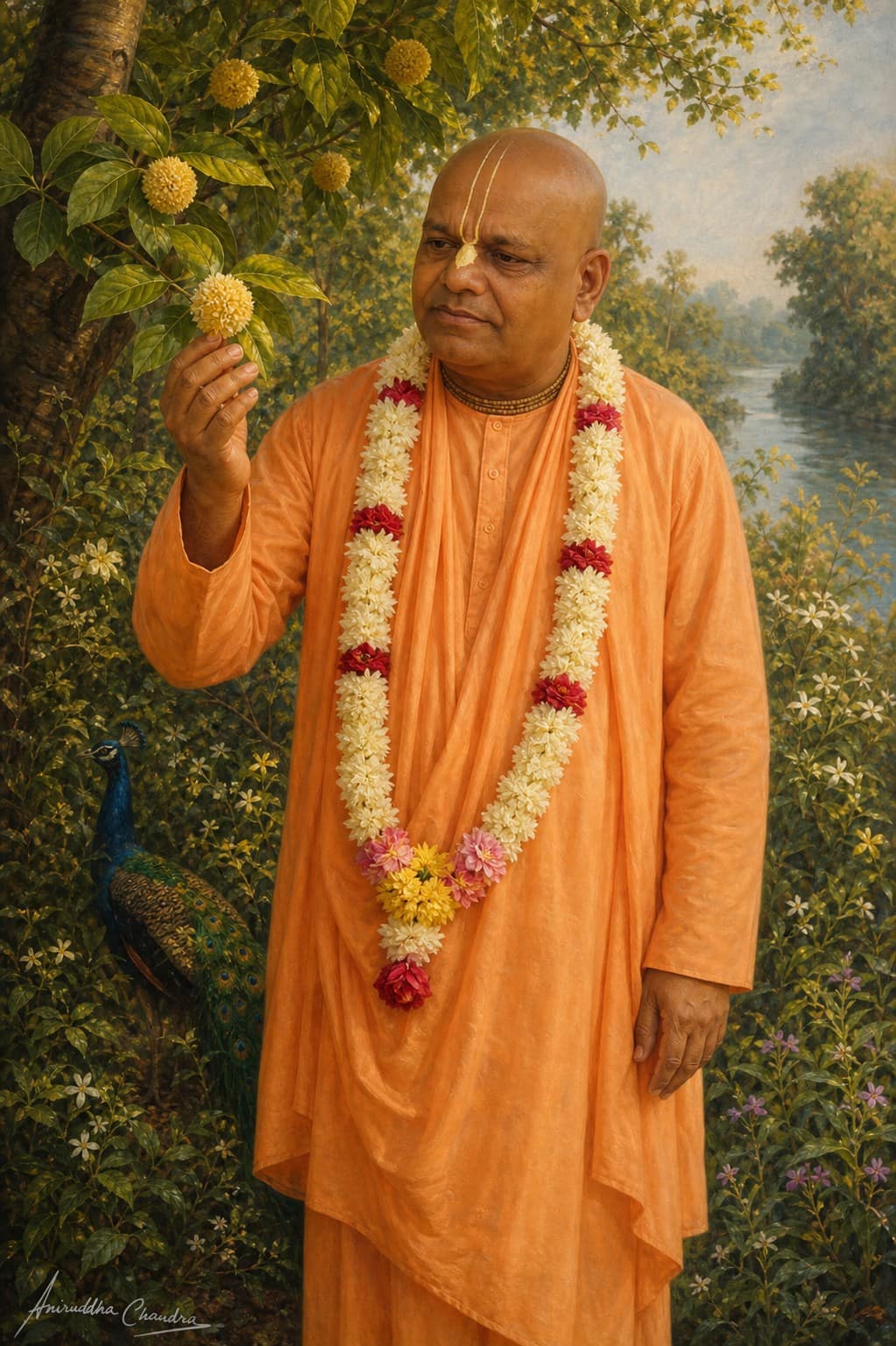 Pastoral oil-style portrait of Śrīla Rādhā Govinda Dāsa Gosvāmī Mahārāja holding a flower