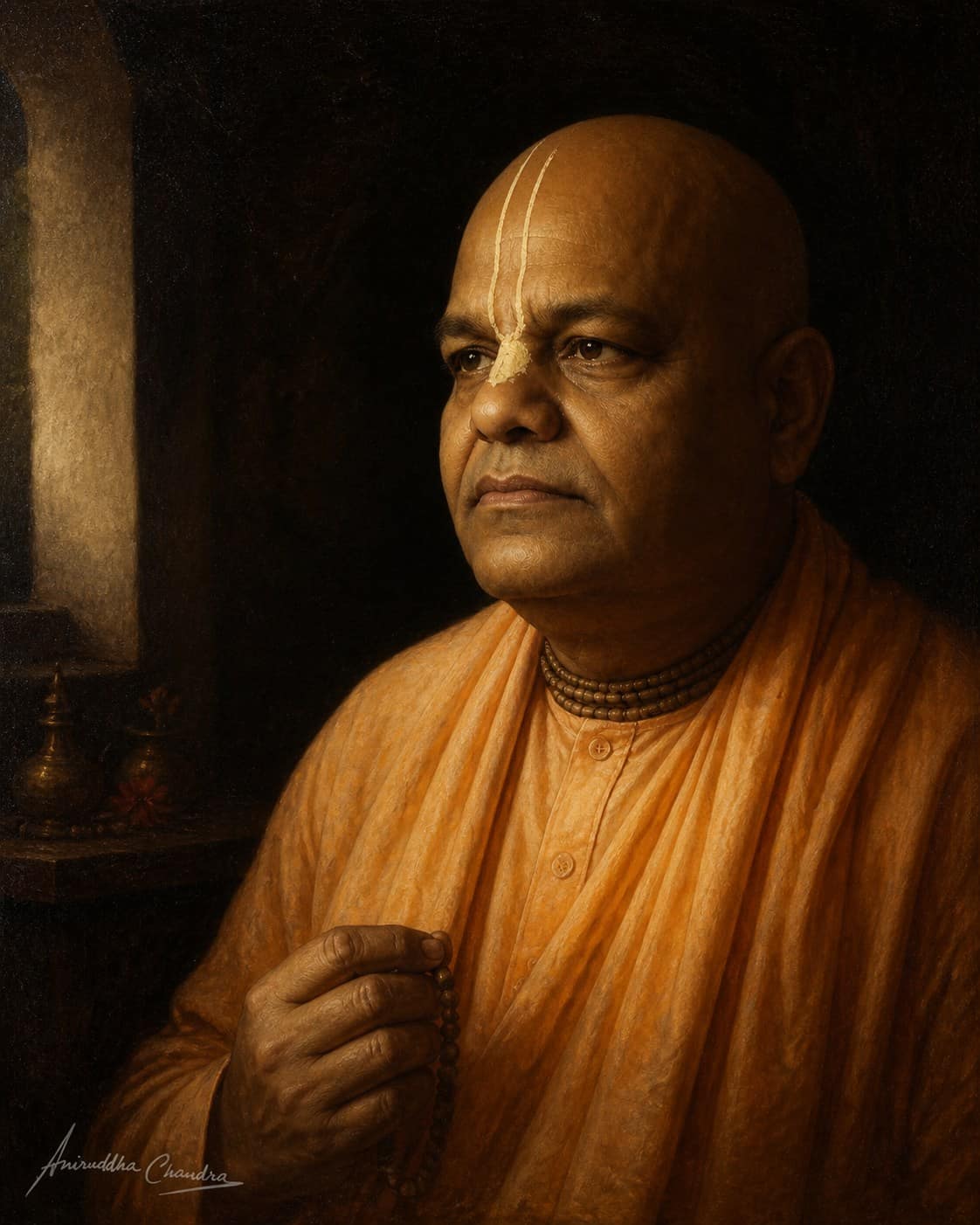Tenebrist oil-style portrait of Śrīla Rādhā Govinda Dāsa Gosvāmī Mahārāja with prayer beads