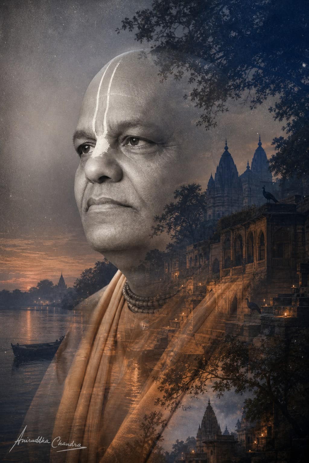 Double-exposure portrait of Śrīla Rādhā Govinda Dāsa Gosvāmī Mahārāja with a temple riverfront