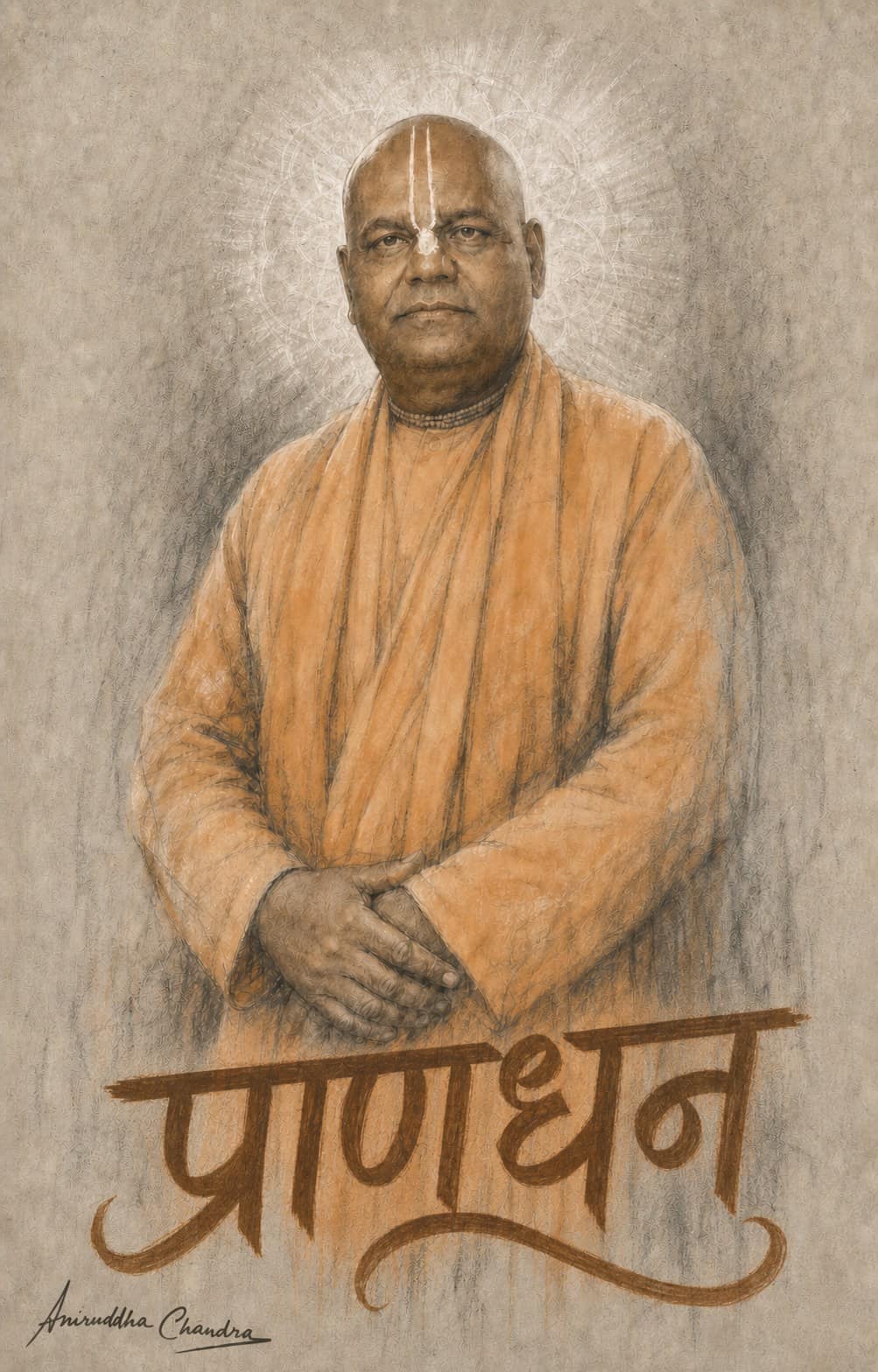 Luminous pencil and mandala portrait of Śrīla Rādhā Govinda Dāsa Gosvāmī Mahārāja