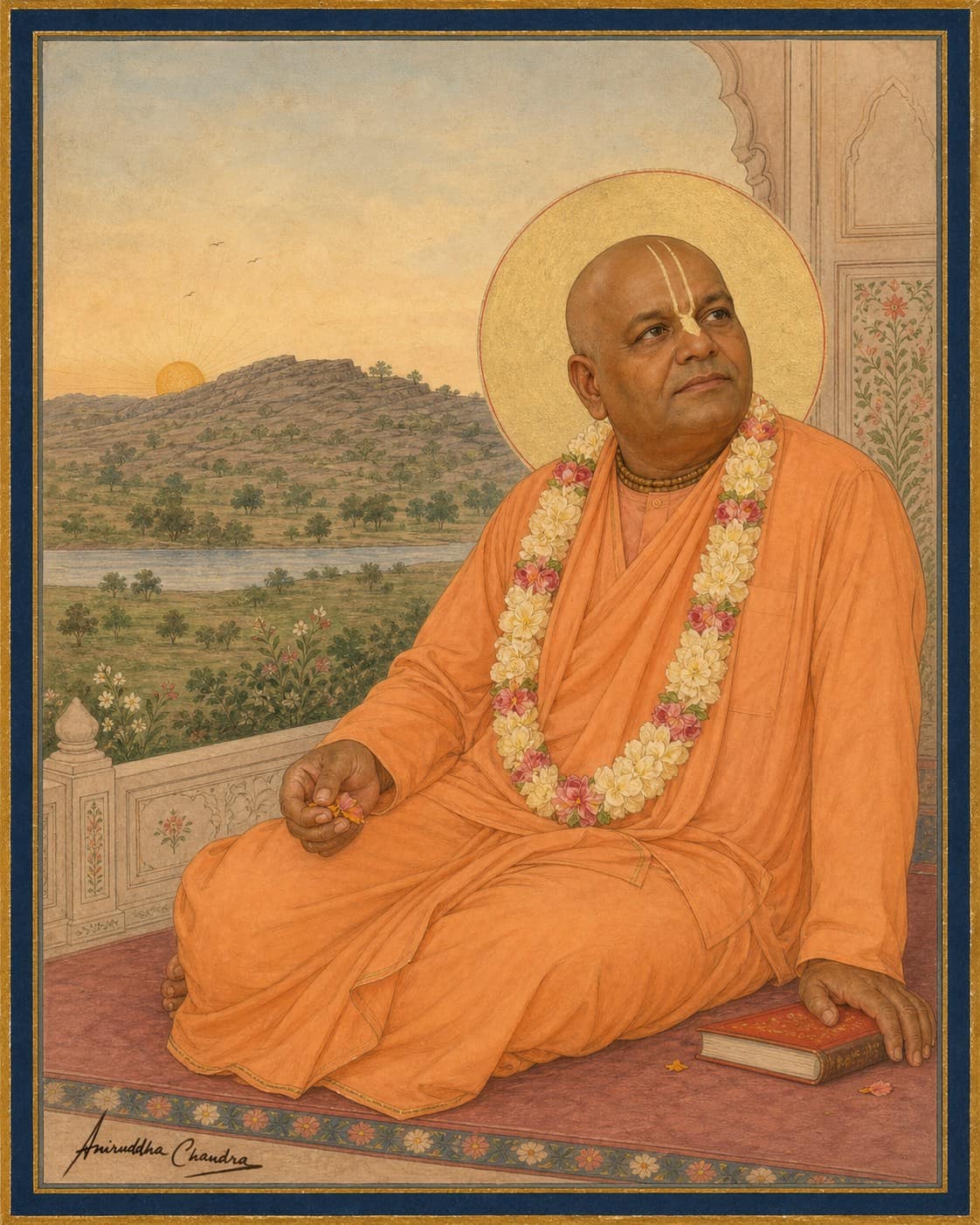 Rajasthani miniature portrait of Śrīla Rādhā Govinda Dāsa Gosvāmī Mahārāja overlooking a river plain