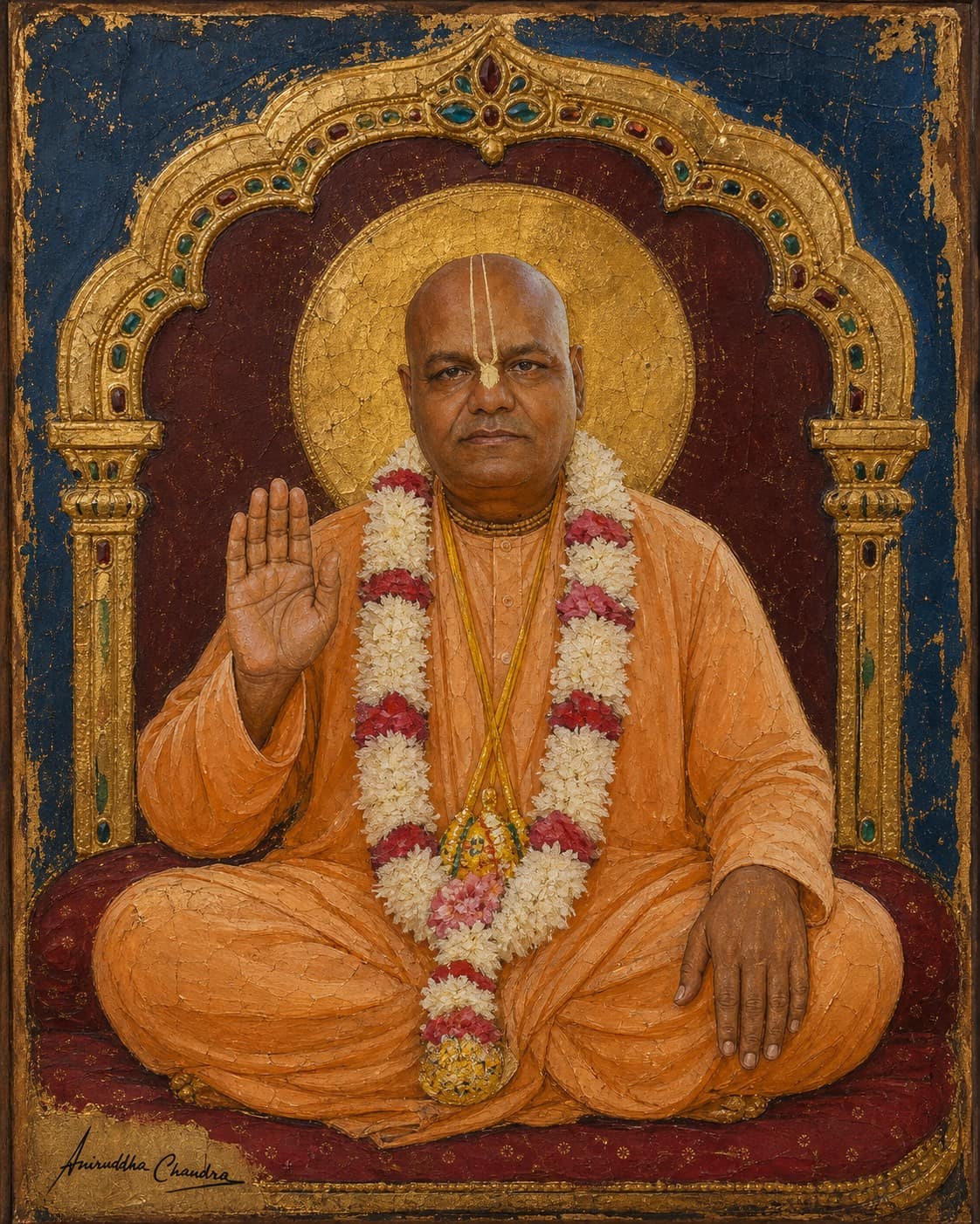 Gilded devotional icon of Śrīla Rādhā Govinda Dāsa Gosvāmī Mahārāja seated on a throne