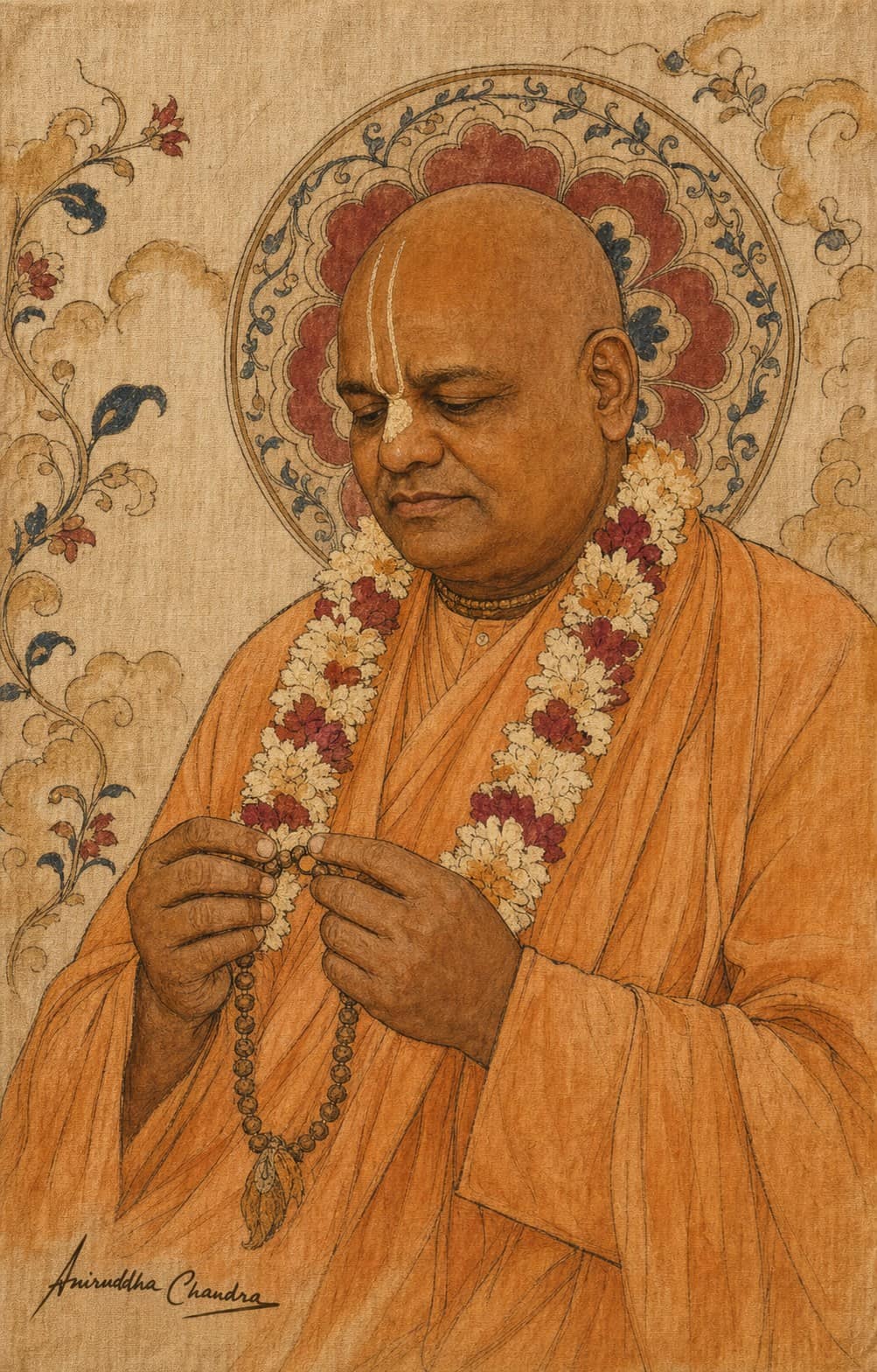 Pattachitra-inspired portrait of Śrīla Rādhā Govinda Dāsa Gosvāmī Mahārāja with prayer beads