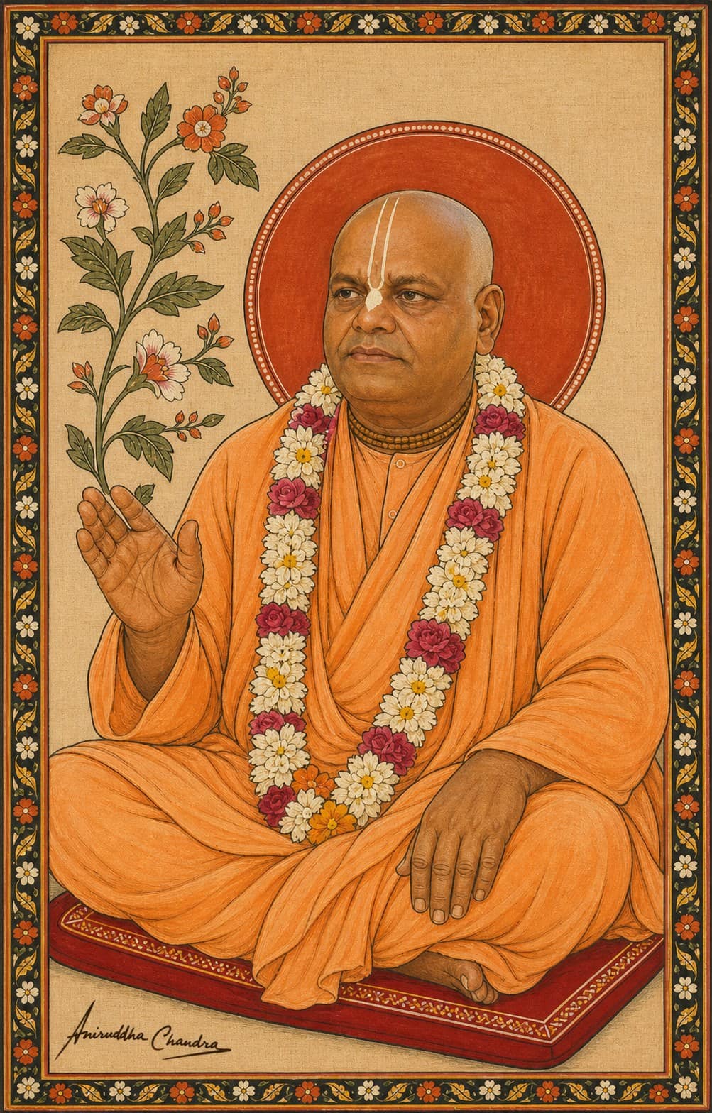 Bengal folk-art portrait of Śrīla Rādhā Govinda Dāsa Gosvāmī Mahārāja offering a blessing