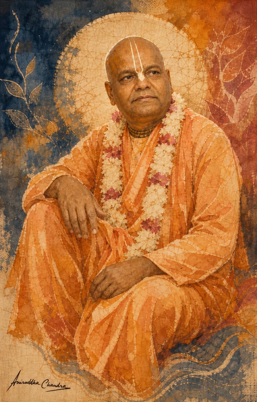 Batik textile portrait of Śrīla Rādhā Govinda Dāsa Gosvāmī Mahārāja